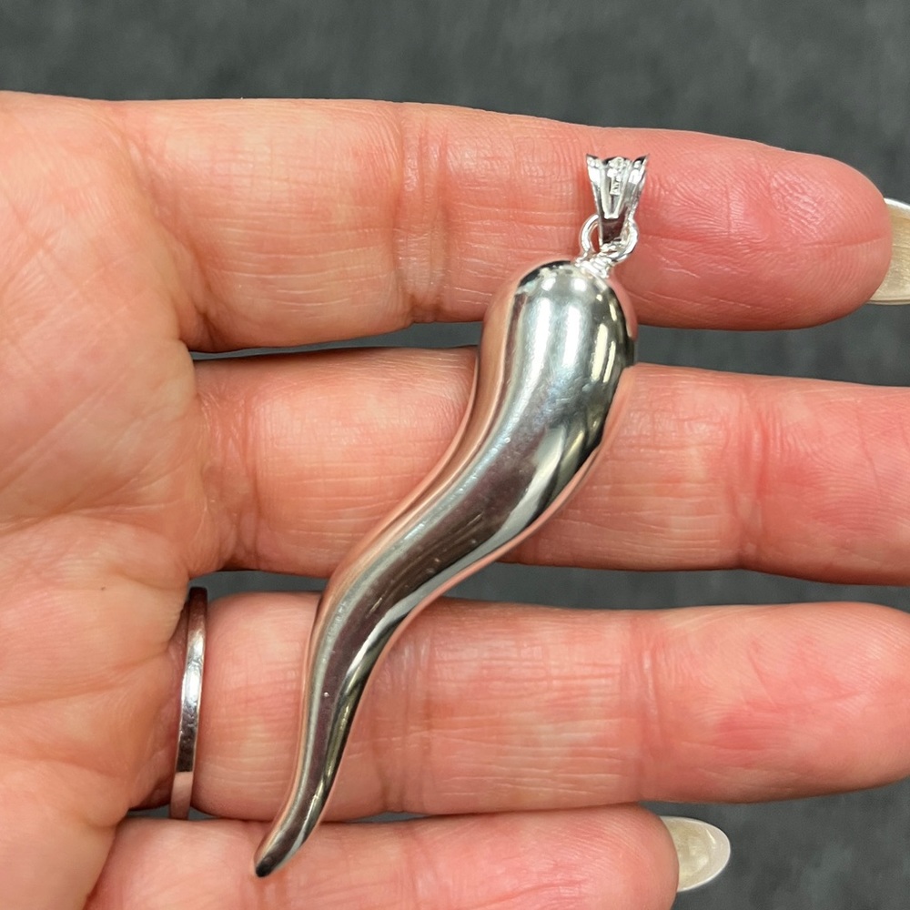 925 Sterling Silver Extra Large Italian Horn Lucky Charm 2.5” inches